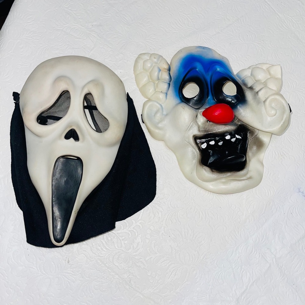 2 Halloween Masks Ghostface Scream Mask + VTG Creative Sourcing Clown Mask AS IS